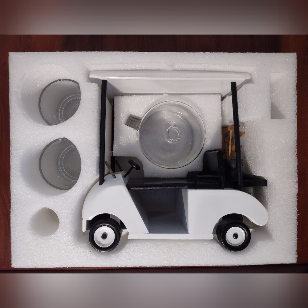 Wooden Golf Cart & Whiskey Decanter With 2 Clear Lowball Whiskey Glasses